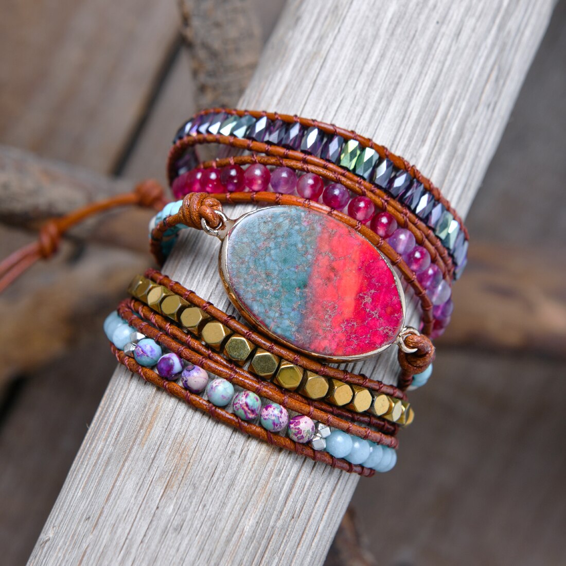 Leather Wrap Bracelet New Design Weave 5 Layers Leather Wrap Boho Stone Wrap Supplier Dropshipping